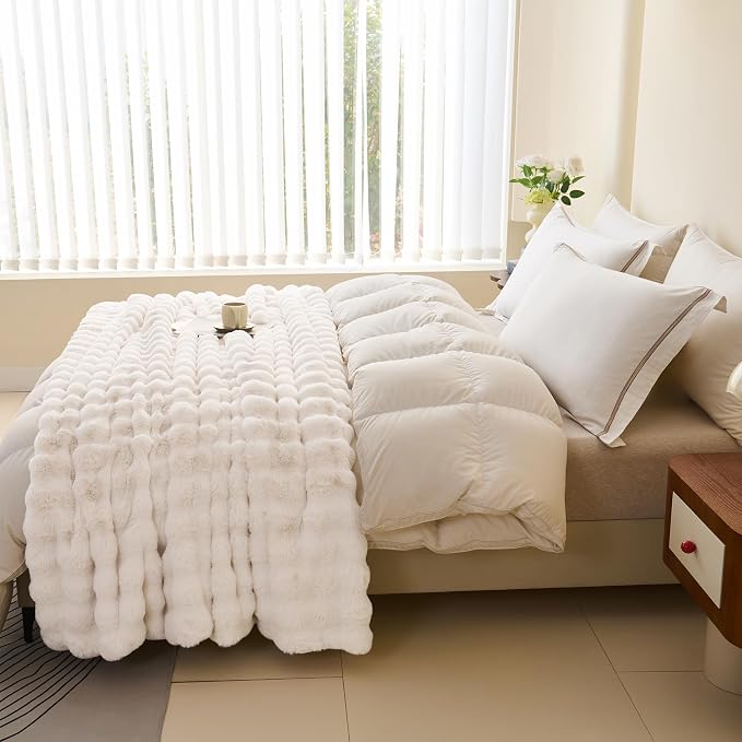 Comelady Soft Fluffy Faux Fur Throw Blanket 60"x80", Bubble Plush Texture | Cream White Thick Fuzzy Blanket, No-Shedding, Aesthetic & Cozy for Couch Bed Room Decor, Warm Gift for Women Girls