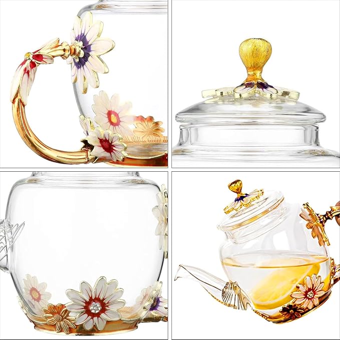 Glass Teapot -300 ml (10 oz), Flower Decoration Heat Resistant Glass Teapot Kettle with Golden Leaf Edge Color Floral Pattern Retro Teapot Tea Party Set (Pink)