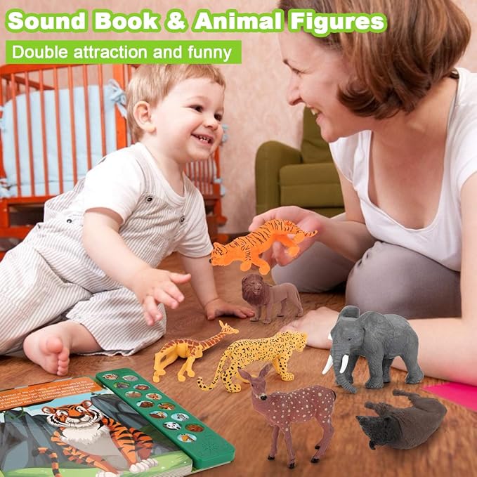 Safari Animals Figures Toys - 13 Realistic Wild Plastic Animal Figurines & Kids Sound Book - Educational Learning Toys Gift for 3 Years Old & Up Boys Girls Toddlers