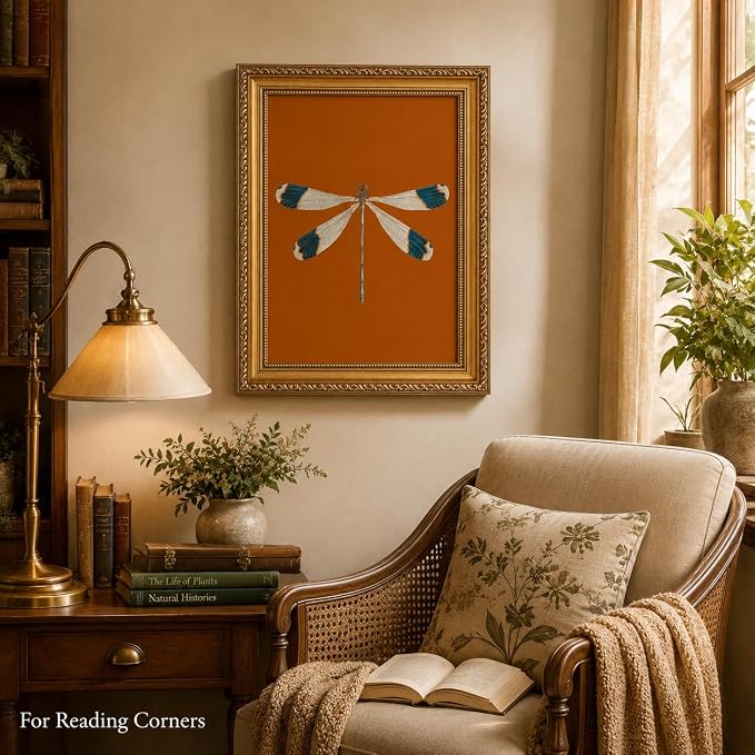 Gold Framed Dragonfly Wall Art,Antique Insect Picture Wall Decor11x9in | Burnt Orange Background Canvas Print Cottagecore For Bedroom, Study,Hallway,Entryway