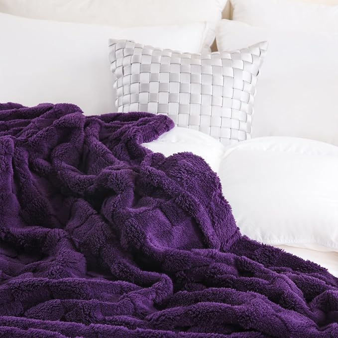 Deep Purple Throw Blanket 108”×90”Checkered Design for Couch | Super Soft Cozy Fleece Plush Microfiber 3D Square Pattern Flannel Blanket for Sofa Bed Lightweight for Adults,Women