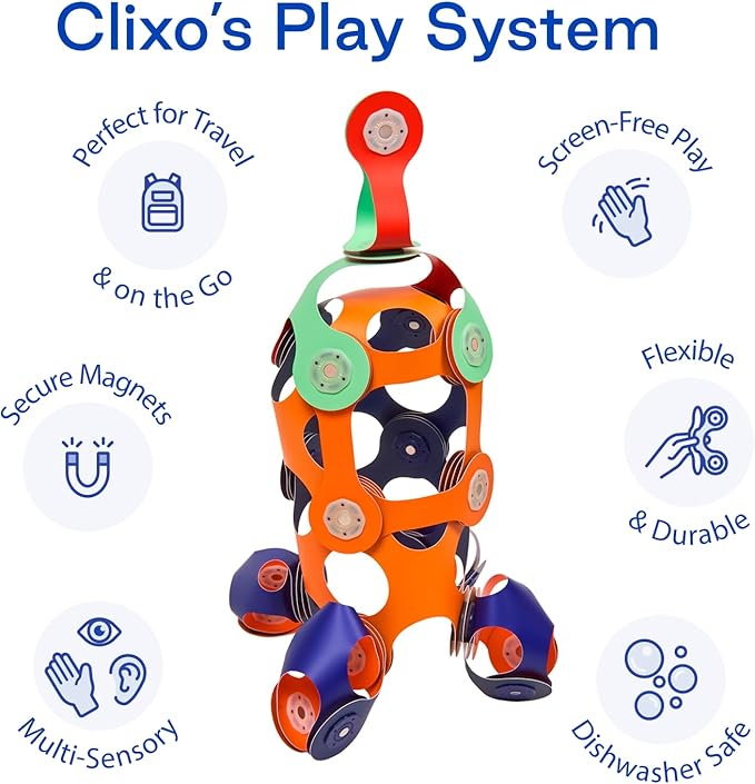 Clixo Mars Station Pack – 48 Magnetic Pieces, 14 Shapes – Flexible STEM Building Glow-in-The-Dark Set with All-Terrain Wheels & Galactic Adventure – Build Rovers, Spaceships & Labs – Ages 6+