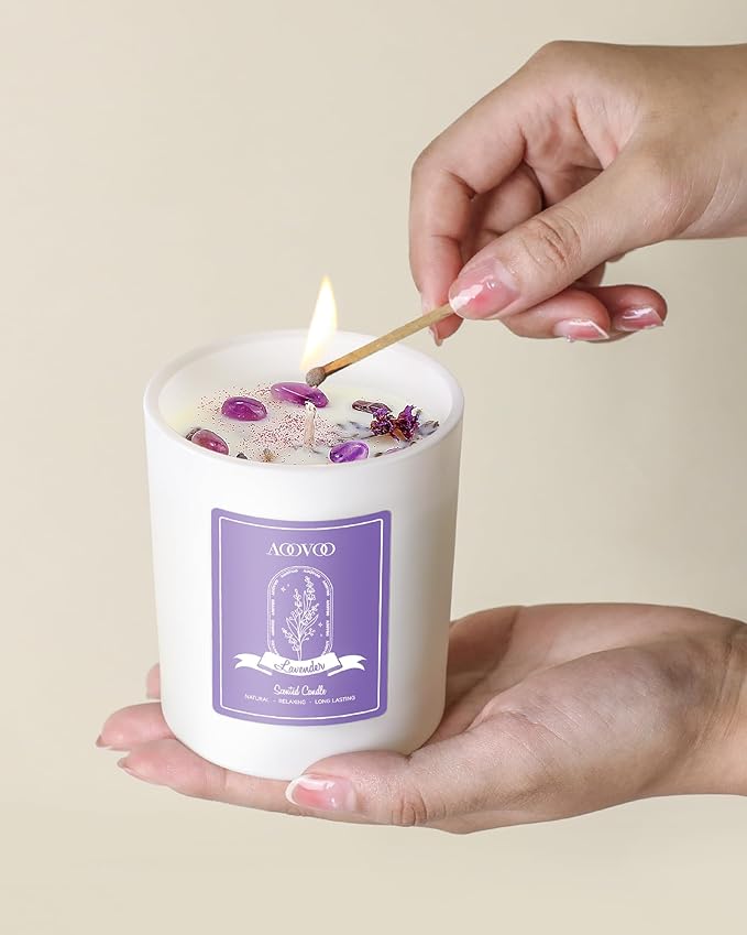 AOOVOO Lavender Scented Candles for Women - Aromatherapy Candle with Crystals Inside, 10oz Soy Candles for Home Scented, Birthday Gifts Mothers Day Candle for Women Mom
