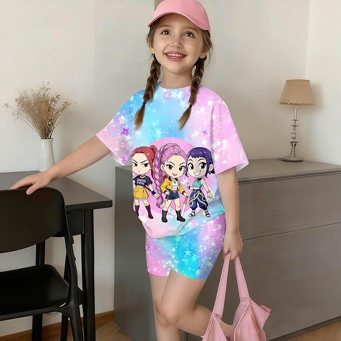 K-POP DEM0N Hunters Outfits for Girls, 2 Piece T-Shirts and Apparel Sets Birthday Gift