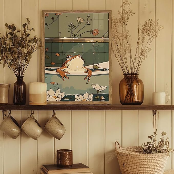 Funny Japanese Frog Bathroom Wall Art Whimsical Frog in Bathtub Wall Decor Painting Cute Animal Bathroom Poster Canvas Print Picture 16x24 inch Wood Framed