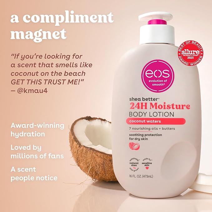 eos Shea Better Body Lotion Coconut Waters, 24-Hour Moisture Skin Care, Lightweight & Non-Greasy, Natural Shea, Vegan, Coconut Body Lotion, 16 fl oz