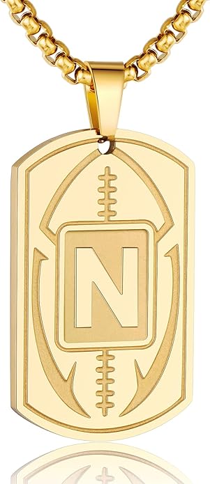 Initial A-Z Dog Tag Necklace for Men - Football Charm Pendant, Stainless Steel Chain 22+2 Inches, Personalized Sports Athletes Jewelry Gift