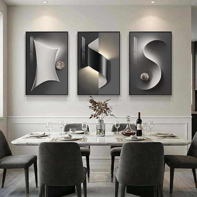 3 Piece Framed Black and White Abstract Wall Art for Living Room, Large Modern Minimalist Geometric Picture Prints Paintings, Bright Style Luxury Artwork for Bedroom Dining Room Wall Decor 20x30 Inch