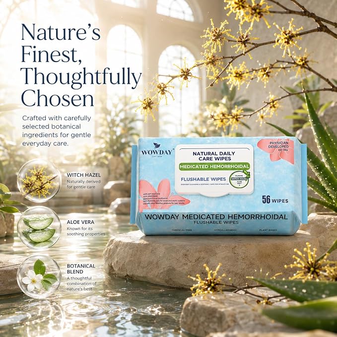 Flushable Hemorrhoid Wipes | Medicated Witch Hazel Wipes Ph Balanced | 120 Count Natural Fragrance Free Adult Hemorrhoids Witch Hazel Wipe for Butt Itch