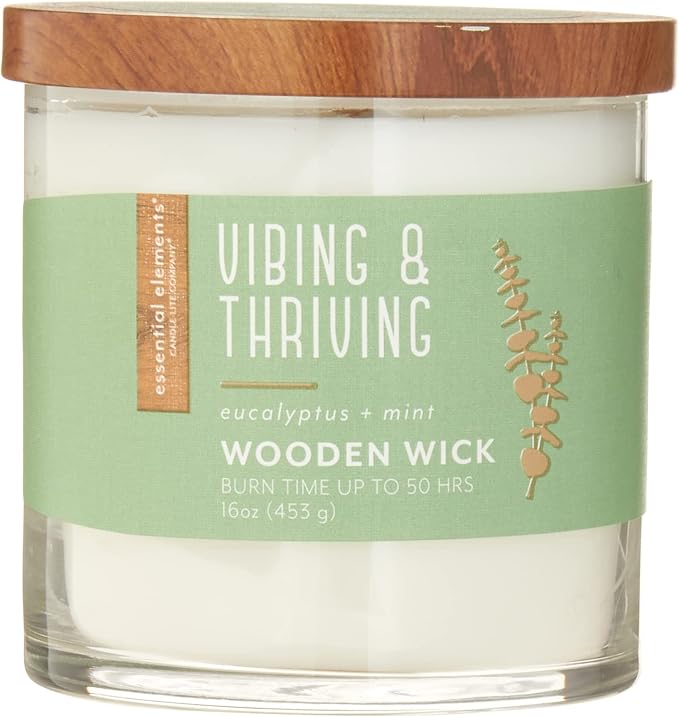 Essential Elements by Candle-Lite Company Wood Wick Scented Candle, Vibing & Thriving, One 16 oz. Single-Wick Aromatherapy Candle with 50 Hours of Burn Time, White
