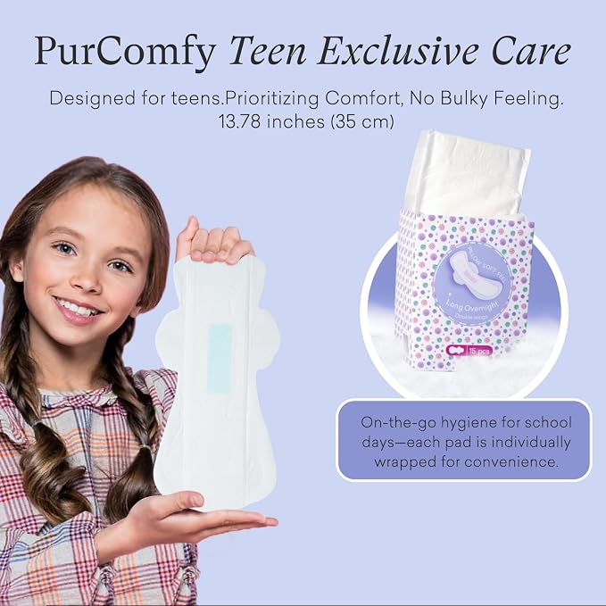 PurComfy Teens Maxi Period Pads with Wings for Tweens, Organic Cotton Sanitary Pads for Teens Girls 9-14, Long Overnight Size, 15 CT