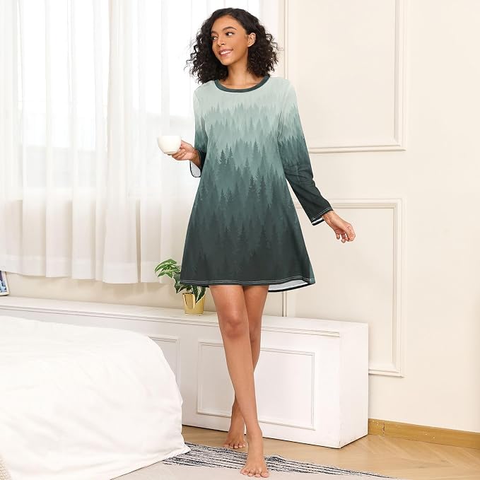 ALAZA Long Sleeve Nightgowns for Women Green Forest Tree Moo Moos Sleep Shirts Moomoo House Dresses Nightshirt Sleepwear