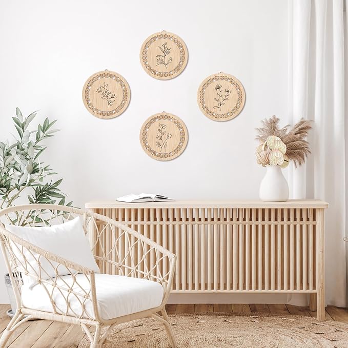 HPNIUB Minimalist Floral Wall Decor, Farmhouse Line Botanical Hanging Wooden Sign Wall Art, 4 Pieces 9.8''x9.8'' Aesthetic Flowers Leaf Wood Plaque, Modern Neutral Pictures for Living Room Office