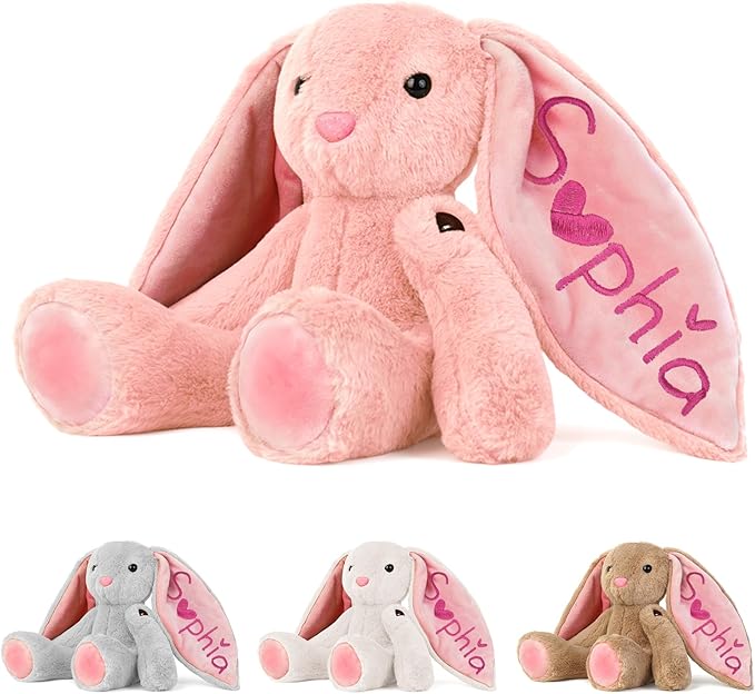 Personalized Bunny Plush for Kids Custom Bunny with Embroidered Name, Stuffed Animal for Toddler 1-3+ Girls Boys Bunnys Plush Toys Personalized Baby Newborn Kids Gifts for First Birthday Easter