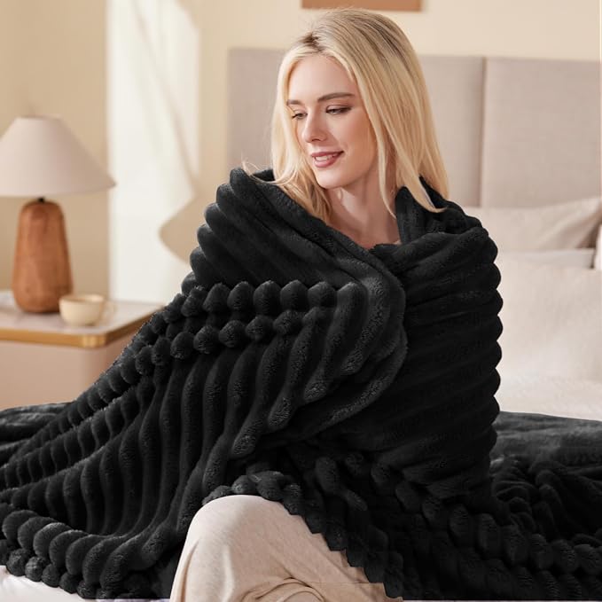 EXQ Home Fleece Blanket Twin Size for Couch or Bed - 3D Stripe Jacquard Decorative Blankets - Cozy Soft Lightweight Fuzzy Flannel Blanket Suitable for All Seasons(60"×80",Black)