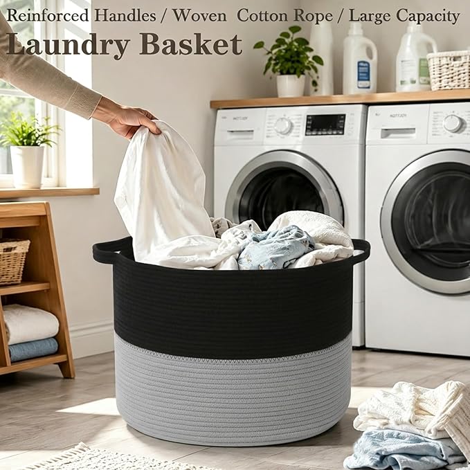 65L Large Blanket Basket,Woven Laundry Basket-Black&Light Grey | Collapsible, reinforced handles, nursery storage bin organizes clothes, toys and pillows for living room, bedroom bathroom