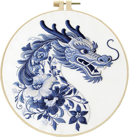 Qvthpv Dragon Embroidery Kit for Beginners, Floral Animal Style Cross Stitch Kit with Patterns and Complete Tools, DIY Arts and Crafts for Adults Home Wall Decor Gift (Blue and White Dragon)