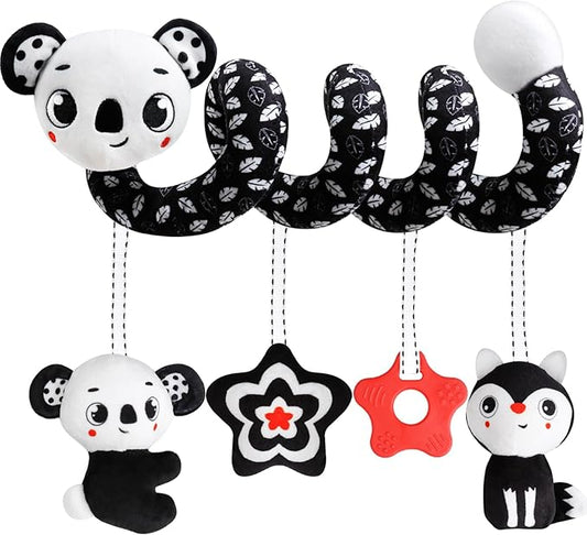 Baby Carseat Toy Black & White Rattle Spiral Hanging Activity Stroller Toy for Newborns Boys and Girls - Koala
