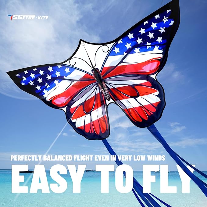 SGftre American Flag Butterfly Kite for Kids & Adults,Extremely Easy to Fly for Beginners，Outdoor Fun Kite Present Summer Kites Butterfly for Kids Toy