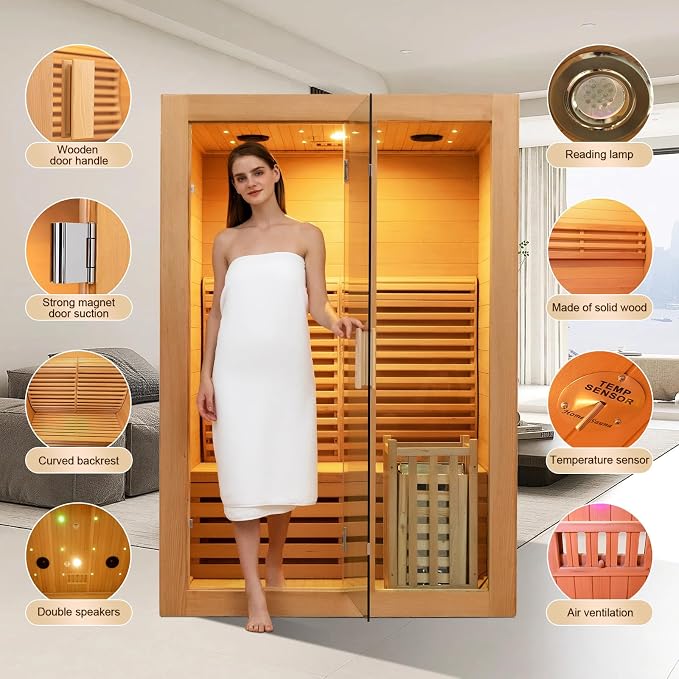 ZONEMEL Traditional Wooden Steam Sauna Room, 2 Person Canadian Hemlock Luxurious Indoor Sauna with 3.5 KW Harvia Stove Heater, Bluetooth Speaker, Sauna Stone, Wooden Bucket, Scoop, Reading Light, 220V