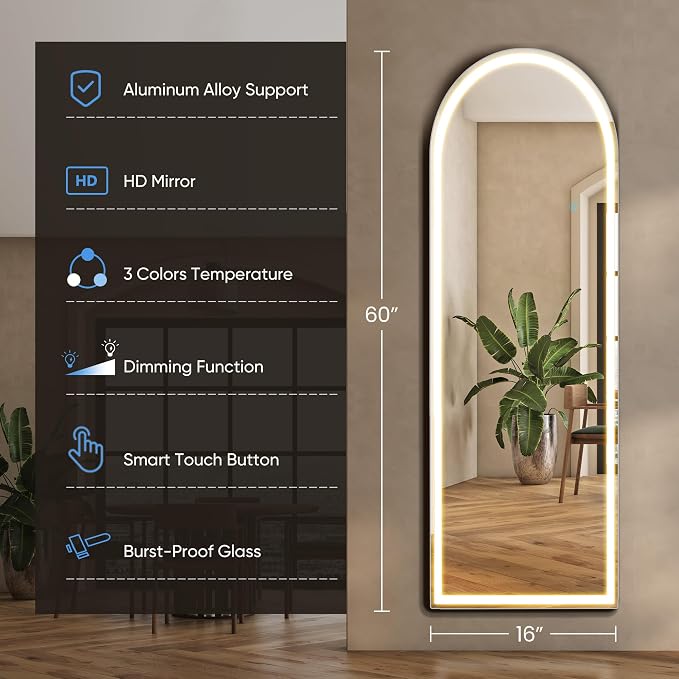 OLIXIS Arched Full Length Mirror with Lights, 20"x 63" | Lighted Floor Full Body Mirror with 3 Color Lighting, Wall Mounted Mirrors for Bedroom, Entryway with Tempered Glass