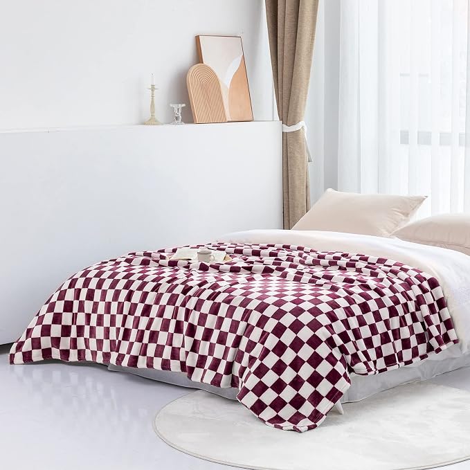 LOMAO Throw Blankets Flannel Blanket with Checkerboard Grid Pattern Soft Throw Blanket for Couch, Bed, Sofa Luxurious Warm and Cozy for All Seasons (Burgundy, 40"x60")