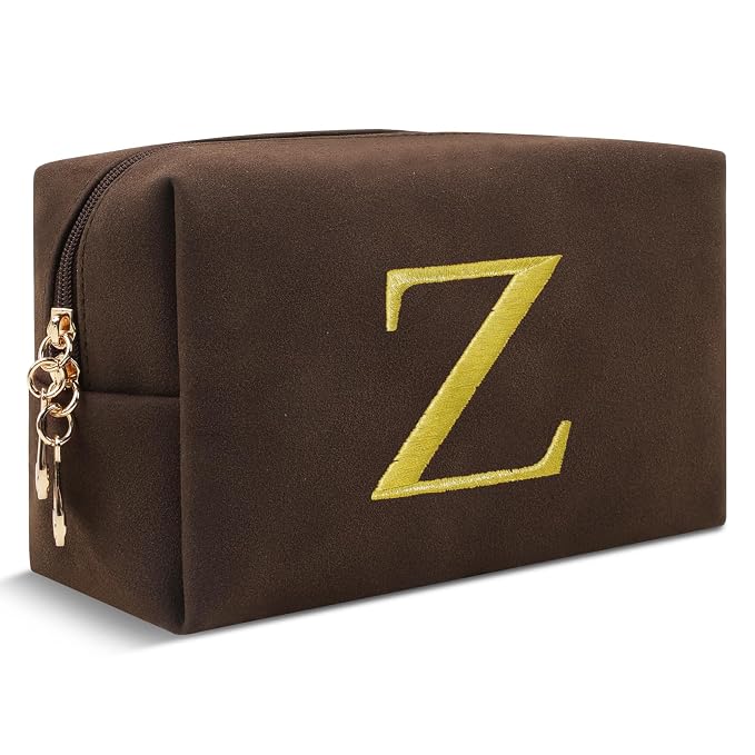 Personalized Initial Makeup Bag,Preppy Suede Cosmetic Bag for Teen Girls,Small Monogram Travel Toiletry Bag With Gold Embroidered Letter,Trendy Stuff Custom Christmas Gift for Women(Coffee-Z)