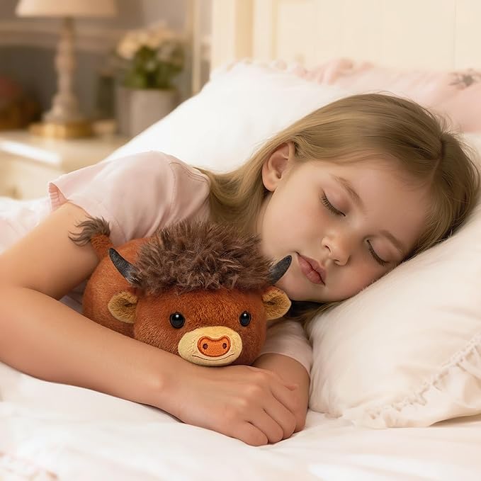 Mewaii Highland Cow Plush Pillow – Cute Happy Face Soft Brown Fur Stuffed Animal, Cuddly Cow Plush Toys for 3+ Year Old Kids & Adults (8Inch)
