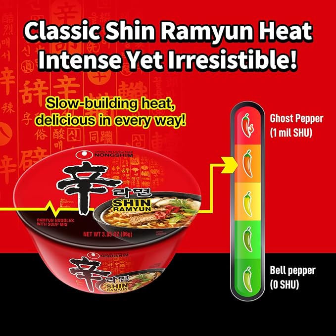 Nongshim Shin Ramyun Bowl Noodles, Spicy Korean Signature Instant Ramyun, Rich Beef Flavored Broth, Quick and Easy, Microwaveable Bowl, 3.03 oz (Pack of 12)