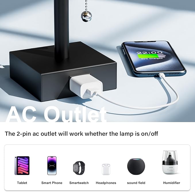 Fenmzee Black Table Lamps for Bedroom Set of 2 - Nightstand Lamp with AC Outlet Charging Port, 3 Color Temperatures Desk Light with Bulb, Small Tabletop Reading Lamp for Living Room/Dorm/Office