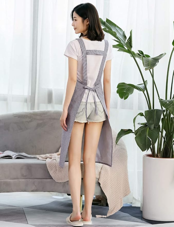 NEWGEM 100% Cotton Cute Gingham Apron with Pockets - Korean Style H-Back Pinafore for Florist, Housekeeping, Art Teacher (Purple Doggy)