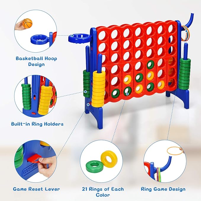 DORTALA Giant 4-in-A-Row, Plastic Jumbo Connect Game Set w/42 Jumbo Rings, Quick-Release Slider, Ring Toss, 2.5Ft Indoor Outdoor 4 to Score Yard Game w/Basketball Hoop