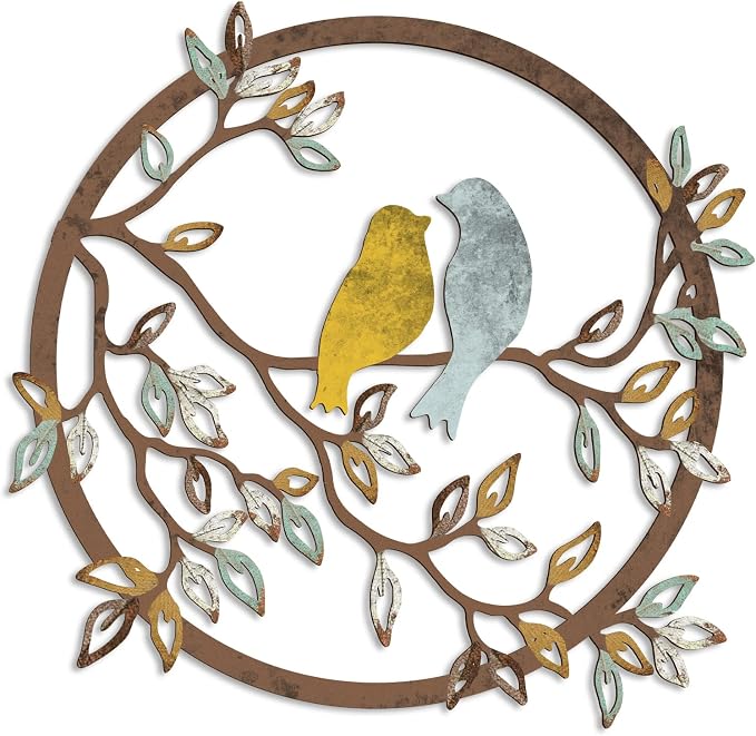 Ferraycle Metal Wall Art Bird on Tree Branch Silhouette Bird Hanging Ornament Porch Wall Decor for Living Room Outdoor Garden Bedroom Office Housewarming Party Decoration(Trendy Color)