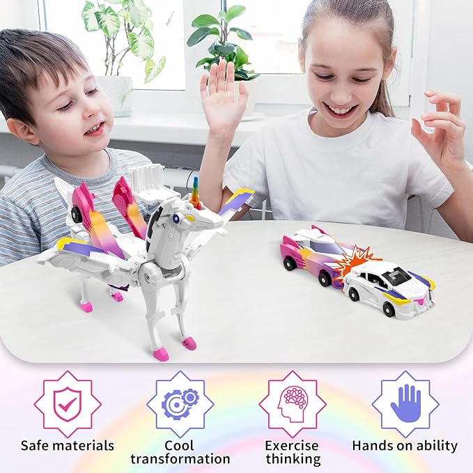 Unicorn Collision Transforming Cars Toy for Girls Boys, 2 Magnetic Cars Transform into Magical Unicorn Collision Transforming Robot Cars Toy Deformation Christmas Birthday Gifts for Kids Pink