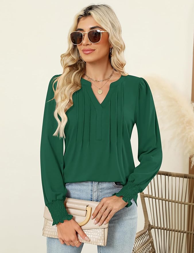 LOMON Womens Tops Dressy Casual Pleated Ruffle Long Sleeve Tunics Tops to Wear with Leggings V Neck Work Blouse