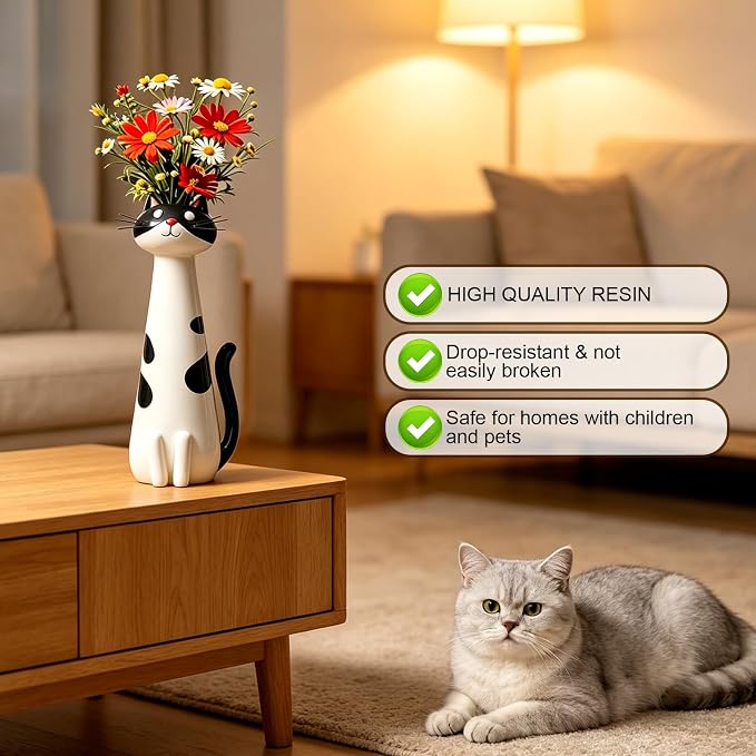 Cat Vase Planter, Cute Cat Figurine Flower Pot, Unique Decorative Resin Planter for Indoor Small Plants, Whimsical Desktop Ornament, Creative Housewarming Gift (Quirky Cat Vase)