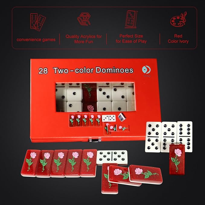 IDTQ Double Six Domino Set - 28 Piece Two-Color Dominoes, Floral Rose Back and Locking Red Gift Box, Classic Table Game for 2-4 Players, Adults & Family Game Night