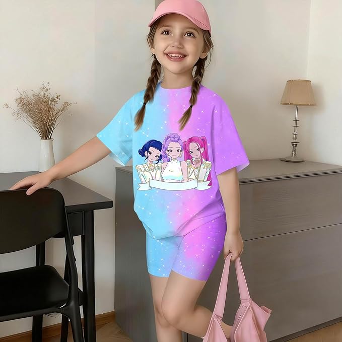 K-POP DEM0N Hunters Outfits for Girls, 2 Piece T-Shirts and Apparel Sets Birthday Gift