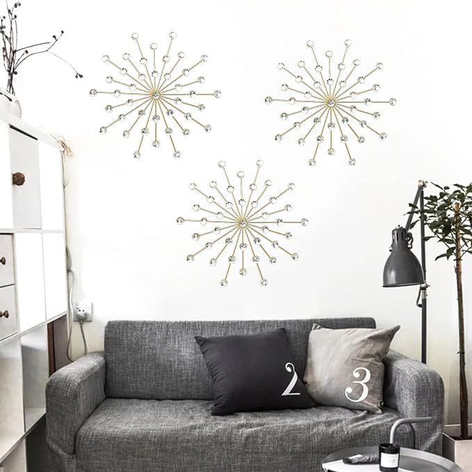 ZEXUIRU 3 Set Gold Starburst Wall Art for Home Decor Metal Bling Crystal Rhinestones Sunburst Wall Decor Sparkling Rhinestone Art Accent Gold - 13in