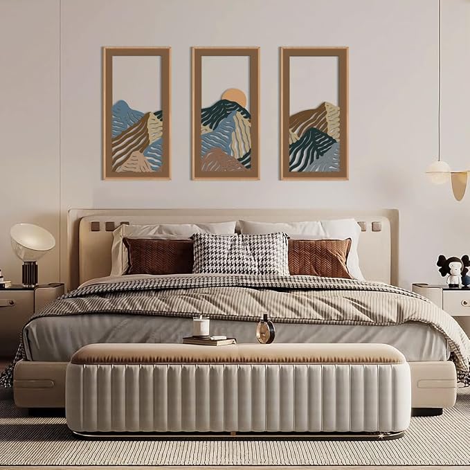 IARTTOP Abstract Mountain Wood Framed Wall Art 8x16 Inch Set of 3 Textured Minimalist Landscape Wooden Wall Decor Modern Colorful Line Artwork for Living room Bedroom Office