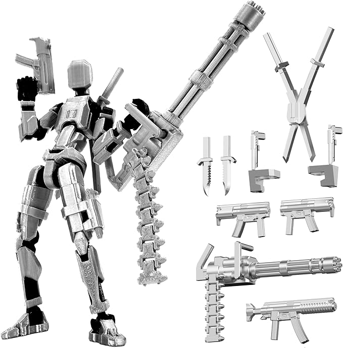 【Assembled】 T13 Action Figure Set, Giant Sword Titan 13 Robot Action Figure 3D Printed robo 13 Action Fidget Toys Dummy Figure Articulated, T13 for Collectors Desktop Decorations (Silver-Black)