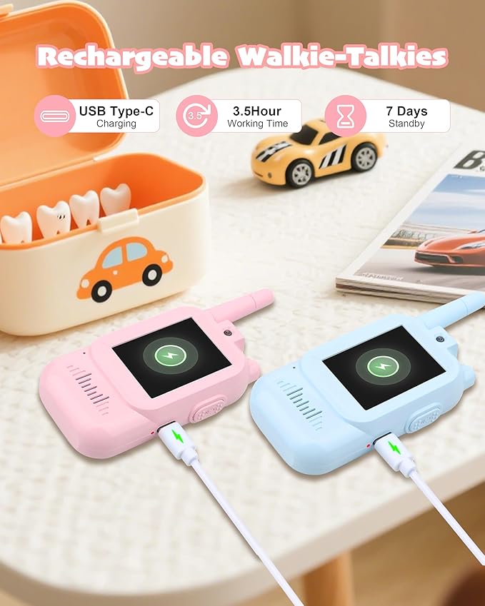 Video Walkie Talkies for Kids 2 Pack with Voice Changer, Rechargeable Two Way Radios, Fun Toys for Indoor Play, Camping, Hiking, Travel, Gift for Boys and Girls Ages 3-12