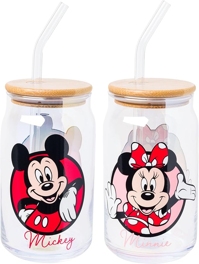 Silver Buffalo Disney Mickey and Friends Featuring Minnie 2 Pack Glass Jar Tumbler with Bamboo Lid and Glass Straw, 16 Ounces