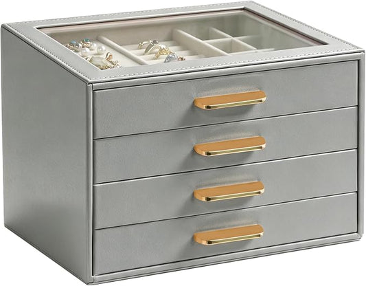 Homeanda Jewelry Boxes Organizer with Glass Lid, 4-Layer PU Leather, Grey | Modern style display case with 4 drawers for daily jewelry, women, mom or girl gift