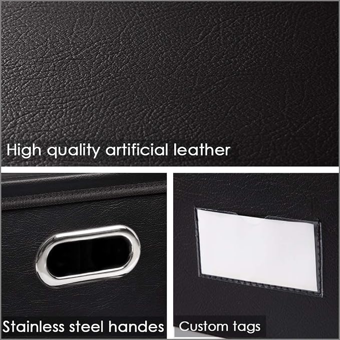 Foldable Storage Bins with Lids [5-Pack] Leather Fabric Collapsible Storage Boxes Organizer Containers Baskets Cube with Cover for Bedroom Closet Office Nursery Black (14.9x10.8x10)