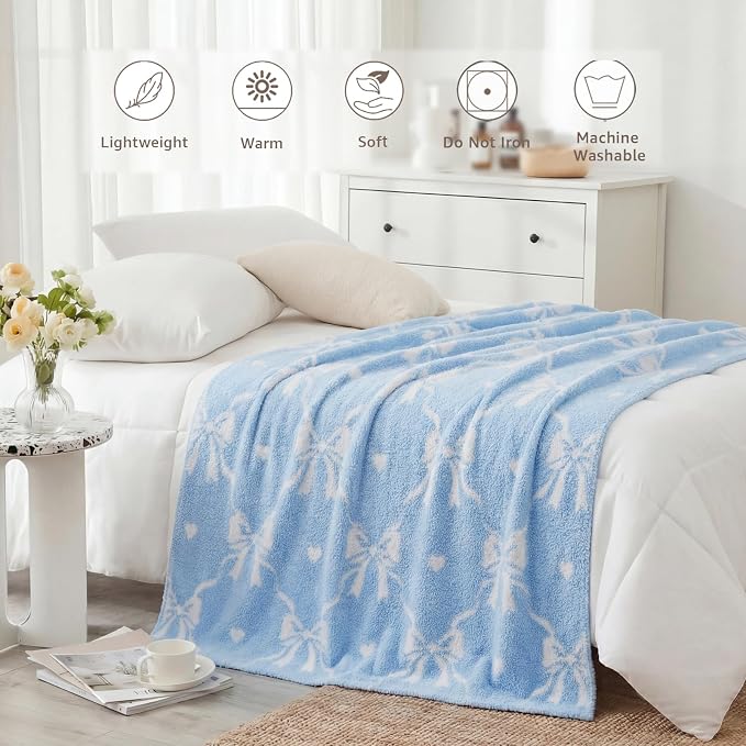Soft Throw Blanket for Couch-Cozy Reversible Knitted Blankets | Lightweight Warm Fluffy Decor for Women, Mom, Her & Girls, Sofa, Chair, Bed, 50x60in, Blue Bow