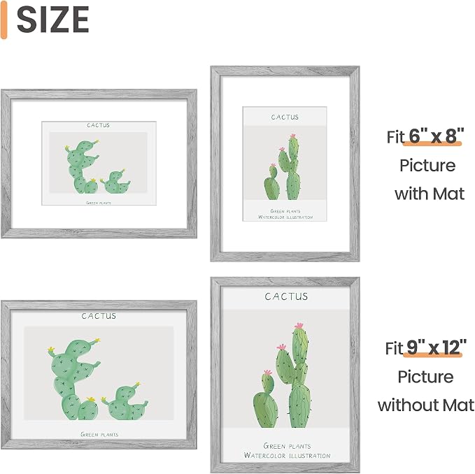 upsimples 9x12 Picture Frame, Display Pictures 6x8 with Mat or 9 x 12 Without, Wall Hanging Photo Frames, Gray, 1 Pack