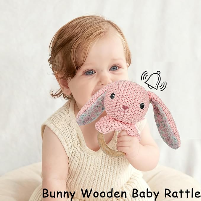 Pink Bunny Wooden Baby Rattle 2 PCS 10'' Rabbit Crochet Cotton Stuffed Animal Toys Set for Baby: Rabbit Plush Doll Toy and 5.9'' Baby Rattle Teddy Bear for Newborn Baby Shower Birthday Gift