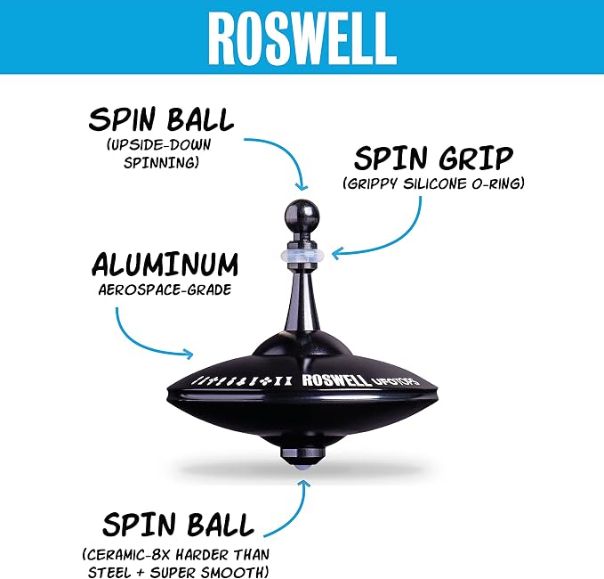 UFO Tops Roswell - Metal Spinning Fidget Top - Inspired by The Documented 1947 UFO Sighting in Roswell, New Mexico (Color: Midnight Black)