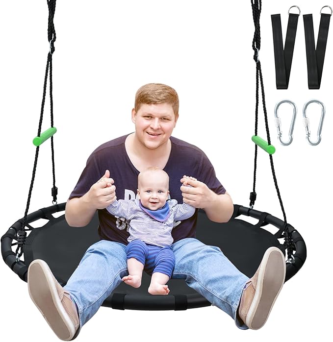 YSEJOMP Black Round Saucer Swing with Handles -Made of Sturdy Frame,PP Mat,Adjustable Multi-Strand Ropes,Safe and Durable for Yard Garden Playground Park (Black+Extra Straps, 48 inches)